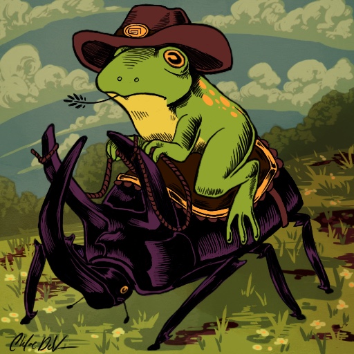 Painting of frog cowboy riding a beetle. By Chloe DeVries (@Cahlowie)
